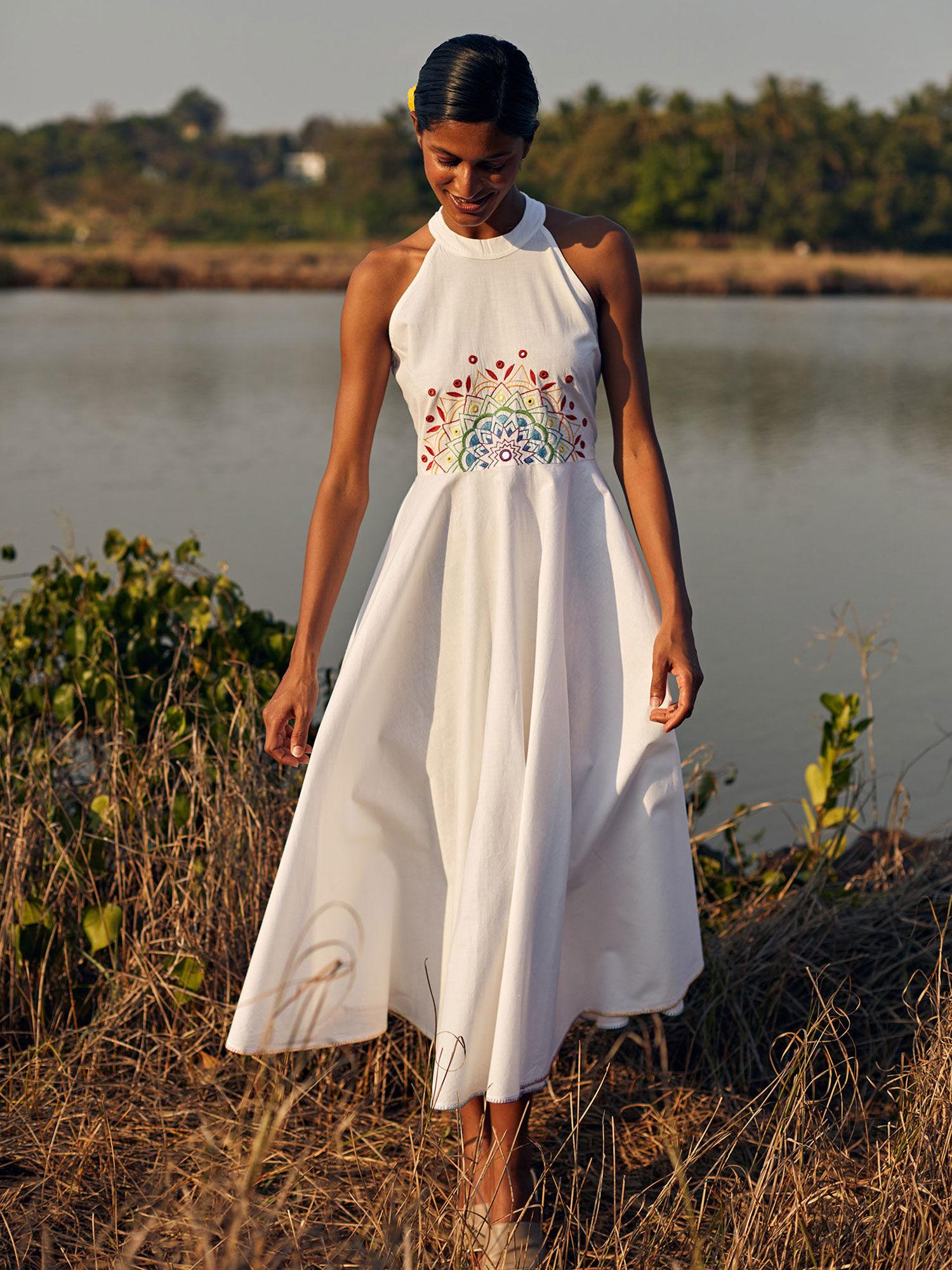 'panorama' hand embroidered mirror work pure cotton dress