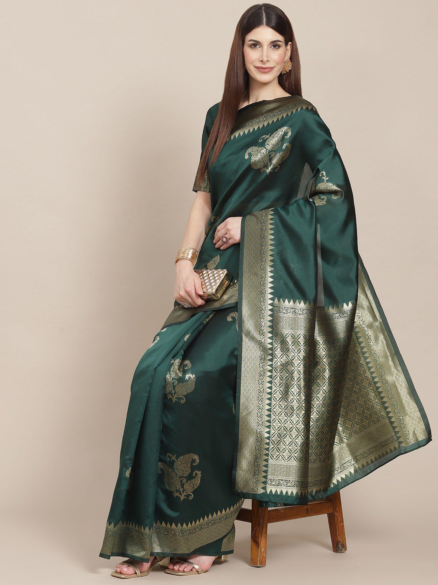 (house of varanga) green woven design banarasi silk saree with blouse piece