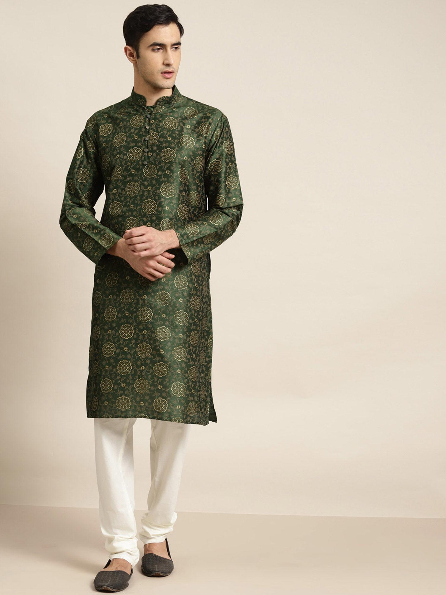 (since 1958) men silk blend dark green kurta and off white churidar pyjama (set of 2)