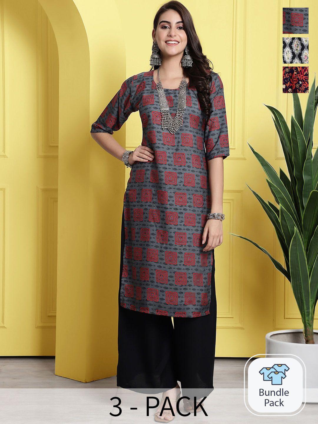 1 stop fashion pack of 3 floral printed straight kurta