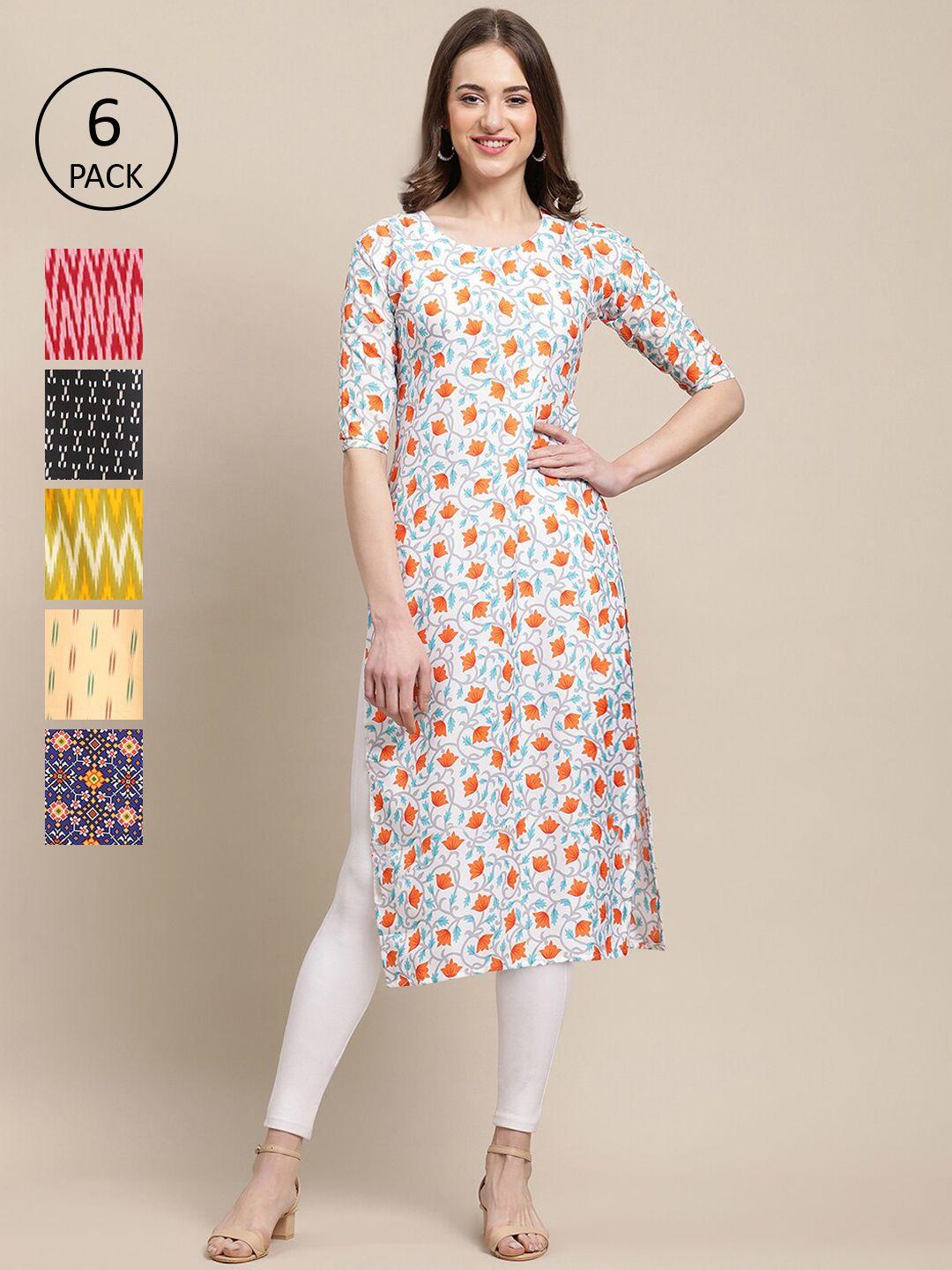 1 stop fashion pack of 6 women beige & yellow floral printed floral crepe kurta