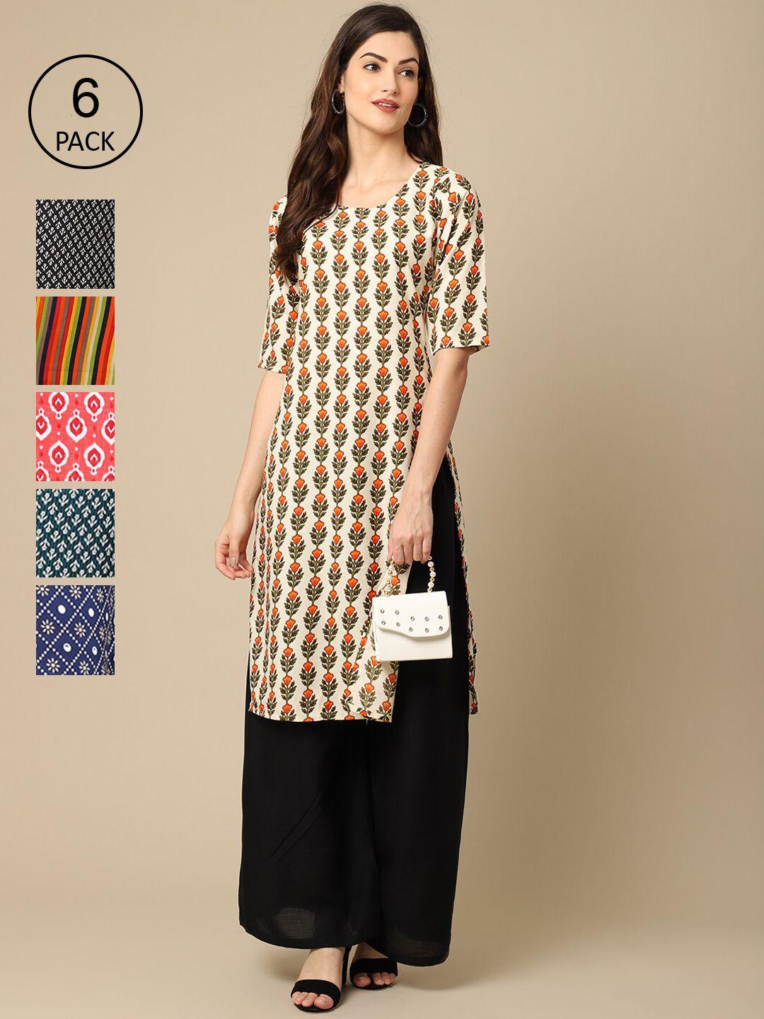 1 stop fashion pack of 6 women ethnic motifs printed summer sheers crepe kurta