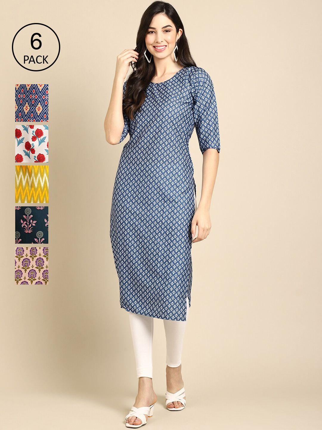 1 stop fashion women blue & yellow ethnic motifs printed block print crepe kurta