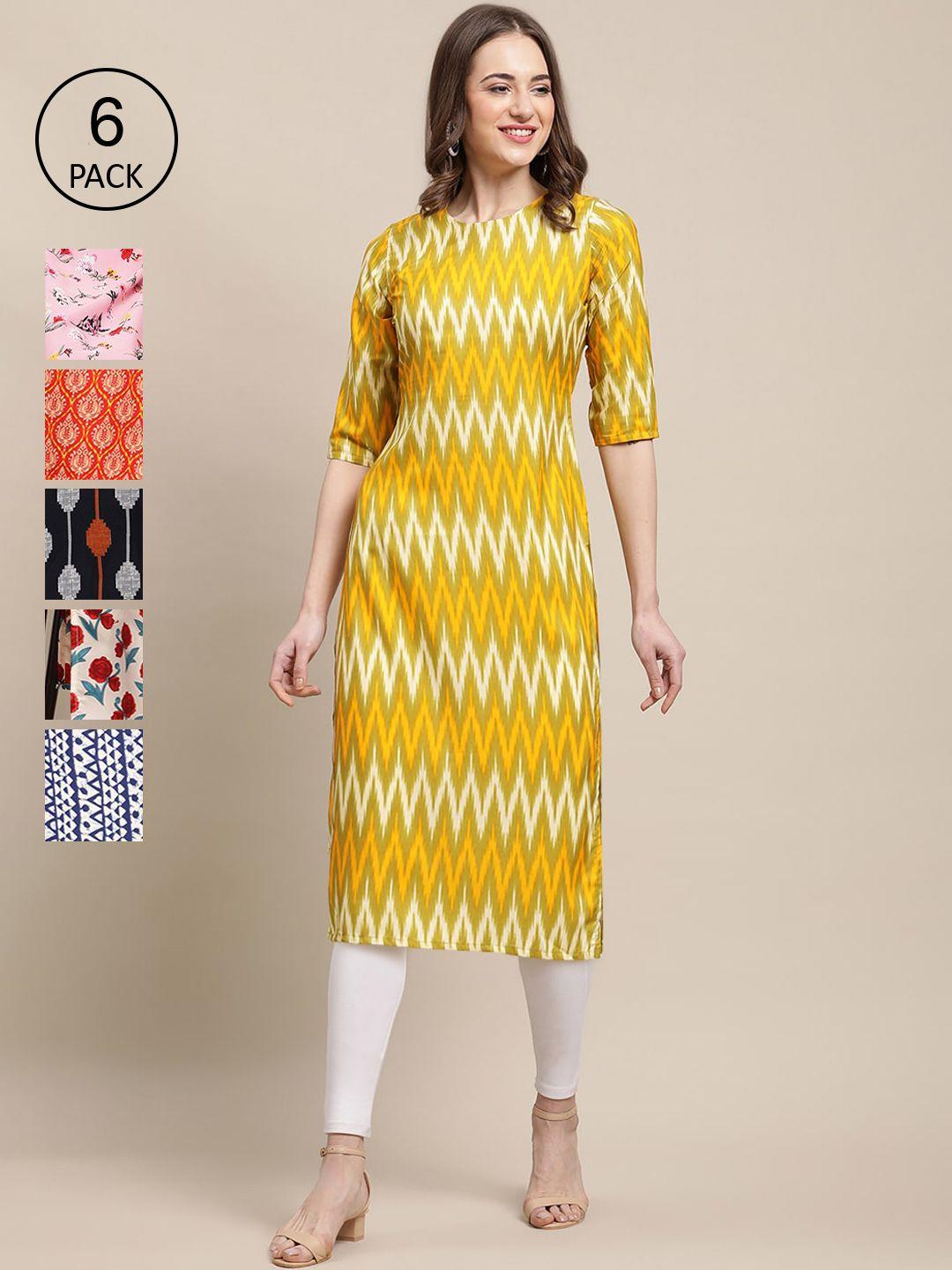 1 stop fashion women blue and yellow  summer sheers crepe kurta [pack of 6]