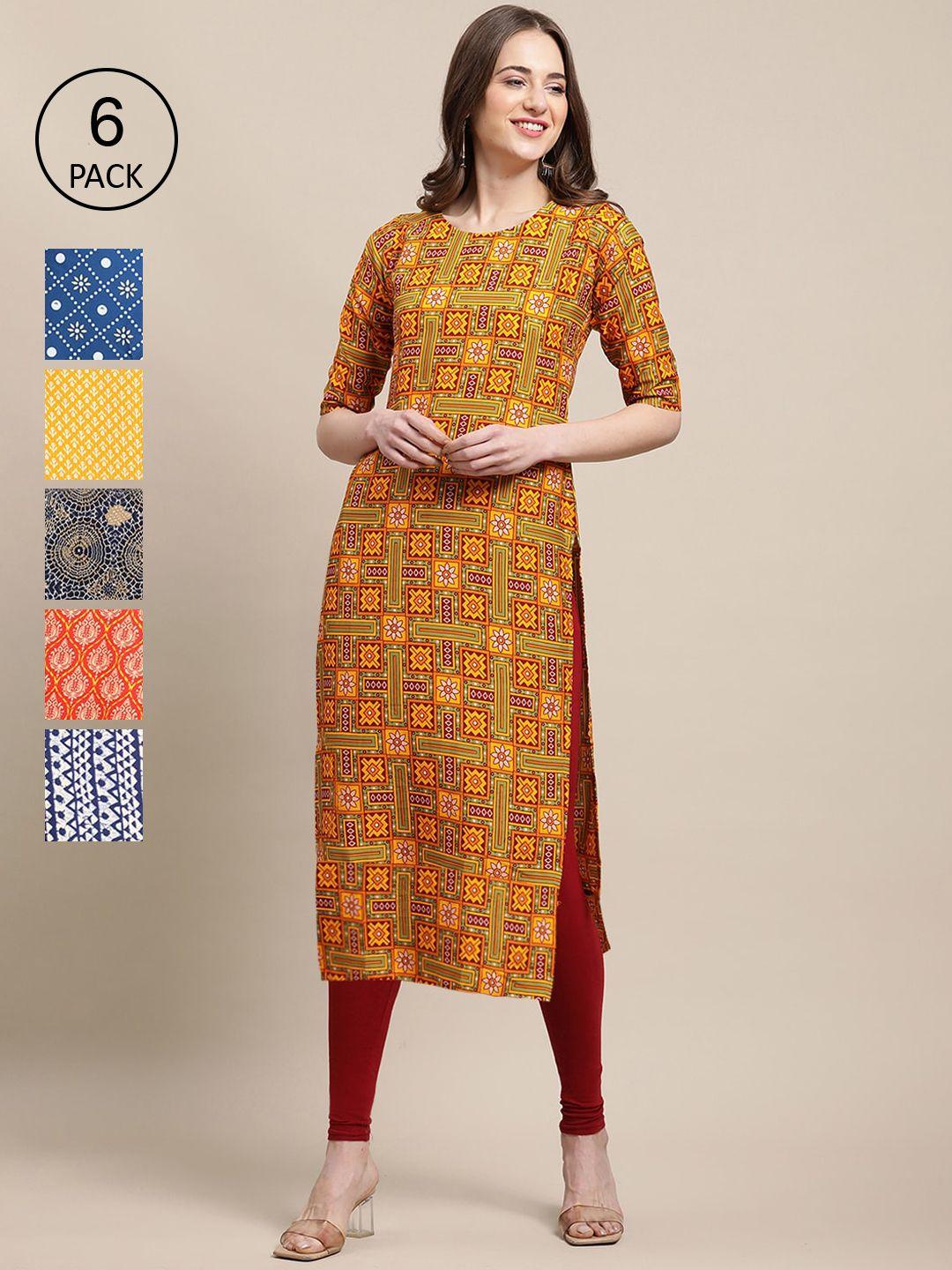 1 stop fashion women mustard yellow & blue pack of 6 ethnic motifs printed crepe kurta