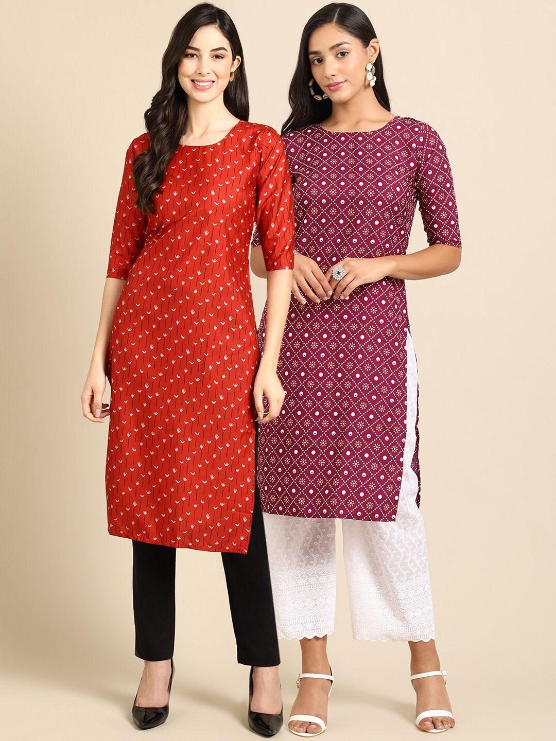 1 stop fashion women pack of 2 red & magenta printed crepe block print straight kurtas