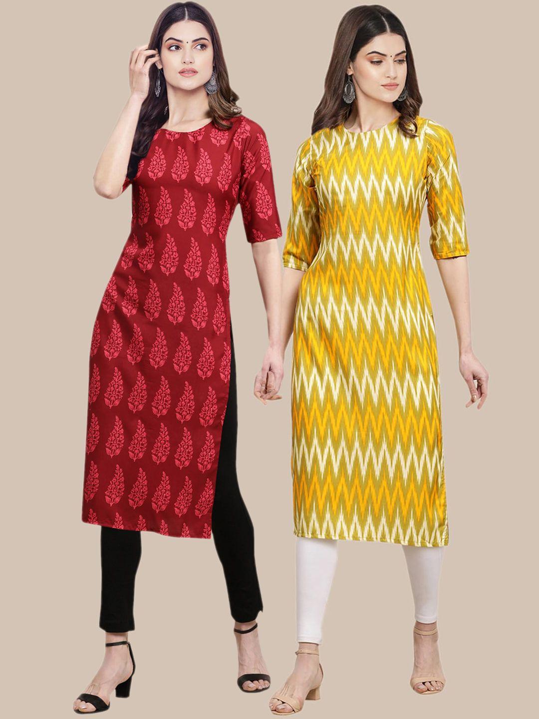 1 stop fashion women pack of 2 red & yellow printed crepe kurtas