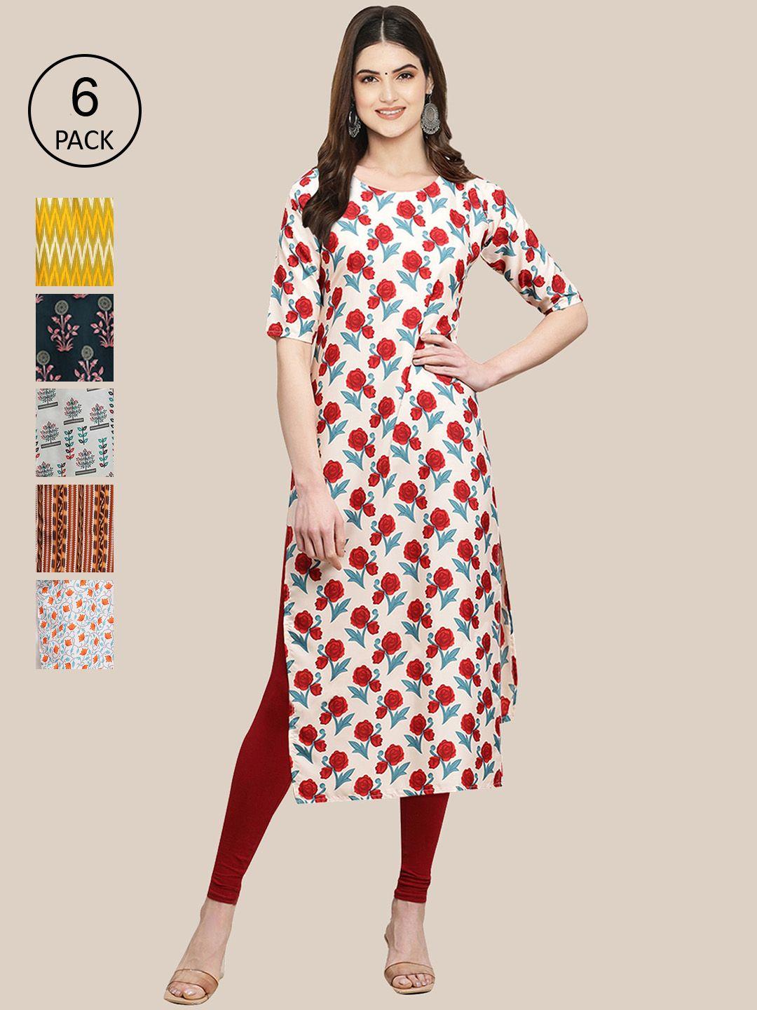 1 stop fashion women pack of 6 ethnic motifs printed crepe kurta