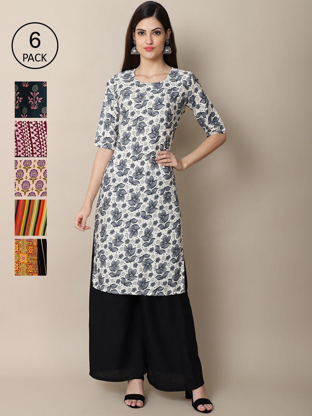 1 stop fashion women pack of 6 ethnic motifs printed summer sheers crepe kurtas