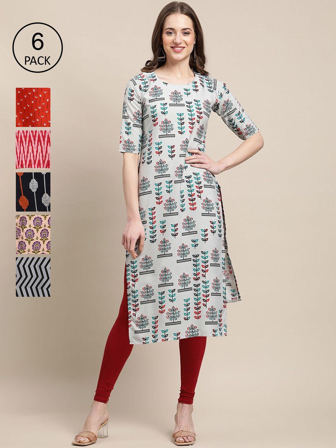 1 stop fashion women pack of 6 multicoloured geometric printed crepe kurta