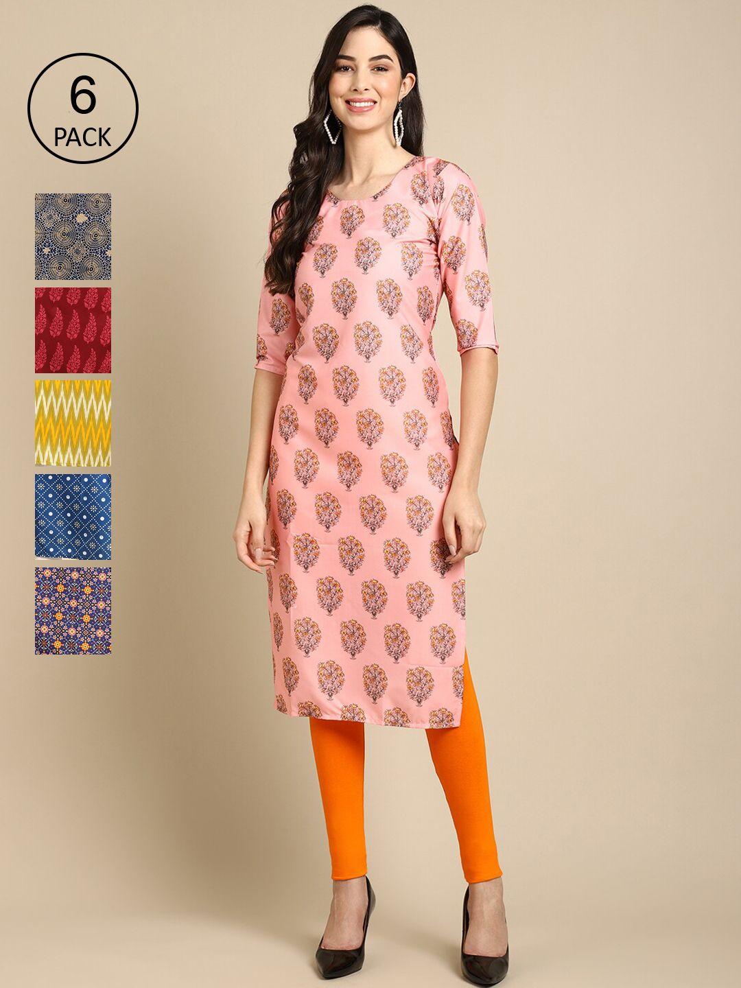 1 stop fashion women pack of 6 multicoloured geometric printed summer sheers crepe kurta