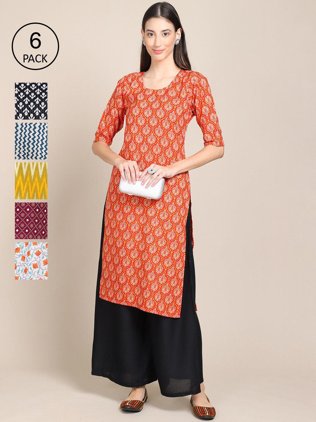 1 stop fashion women pack of 6 multicoloured geometric printed summer sheers crepe kurta