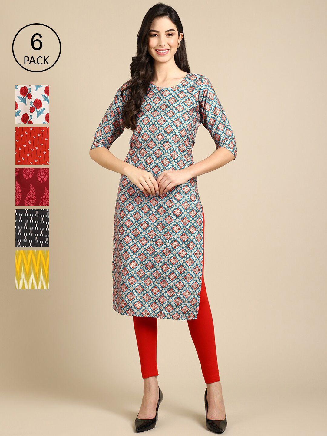 1 stop fashion women pack of 6 red & maroon ethnic motifs printed crepe kurta