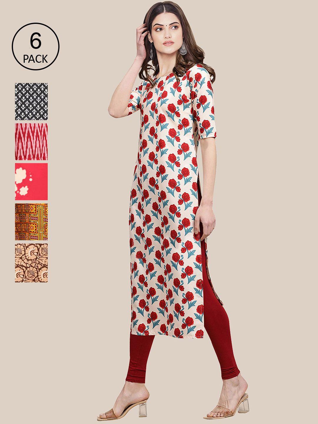 1 stop fashion women white and red printed summer sheers crepe kurta  [pack of 6]