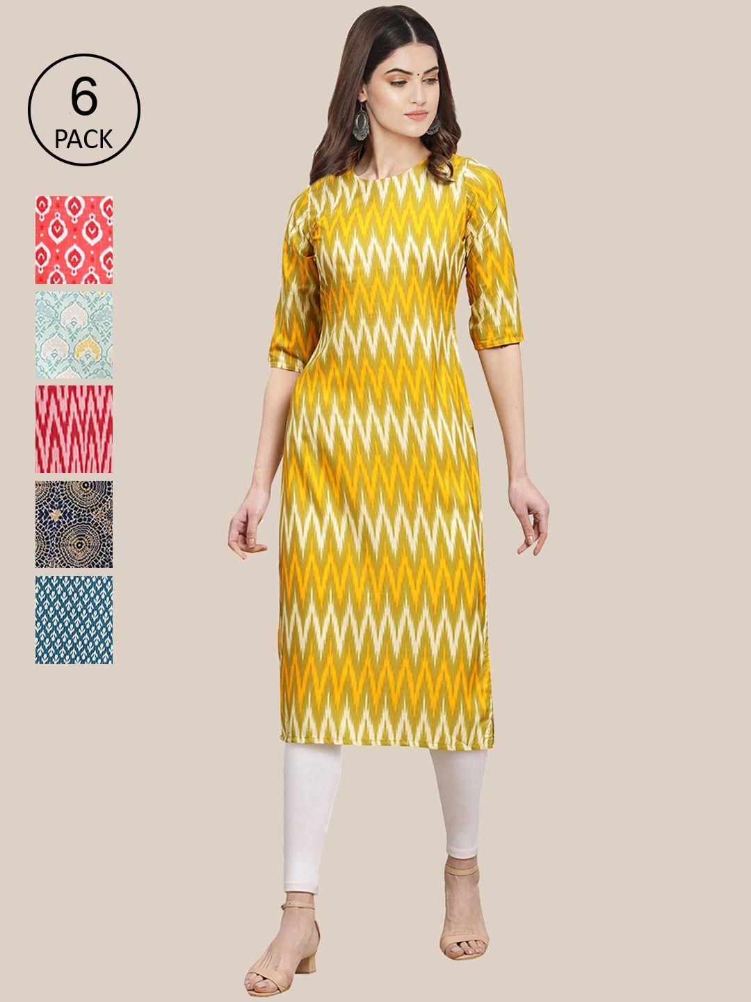 1 stop fashion women's crepe multi color digital printed straight kurta [pack of 6]
