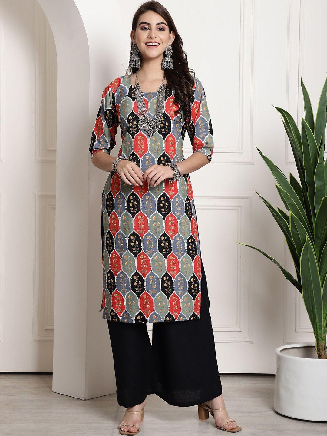 1 stop fashion floral print round neck three-quarter sleeve straight kurta