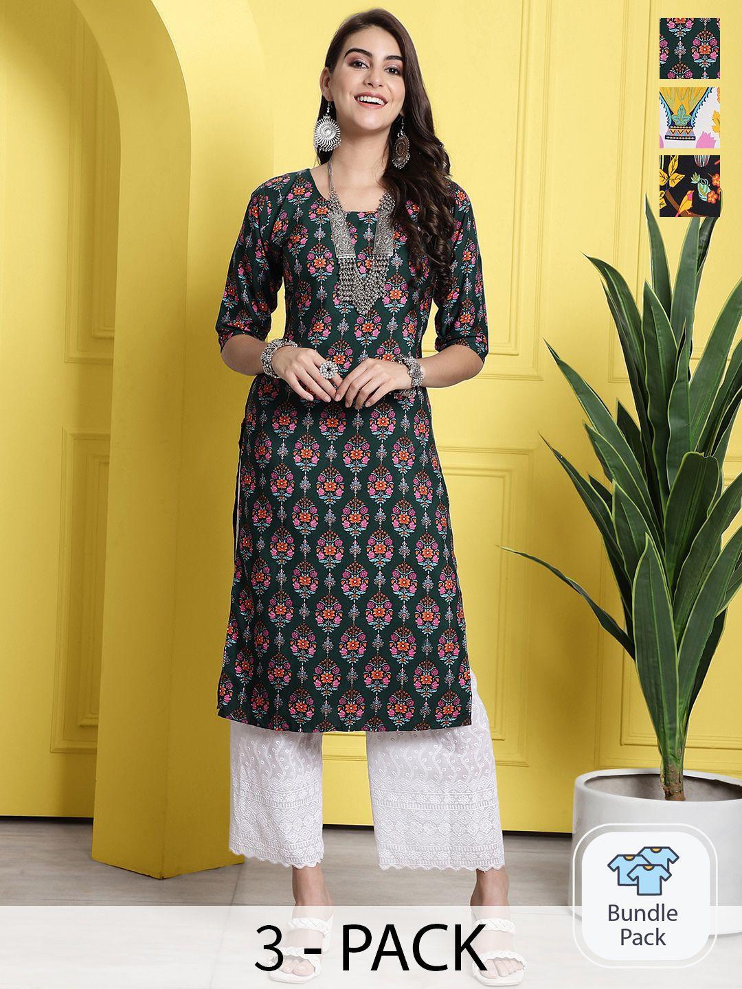1 stop fashion pack of 3 ethnic motifs printed straight kurta