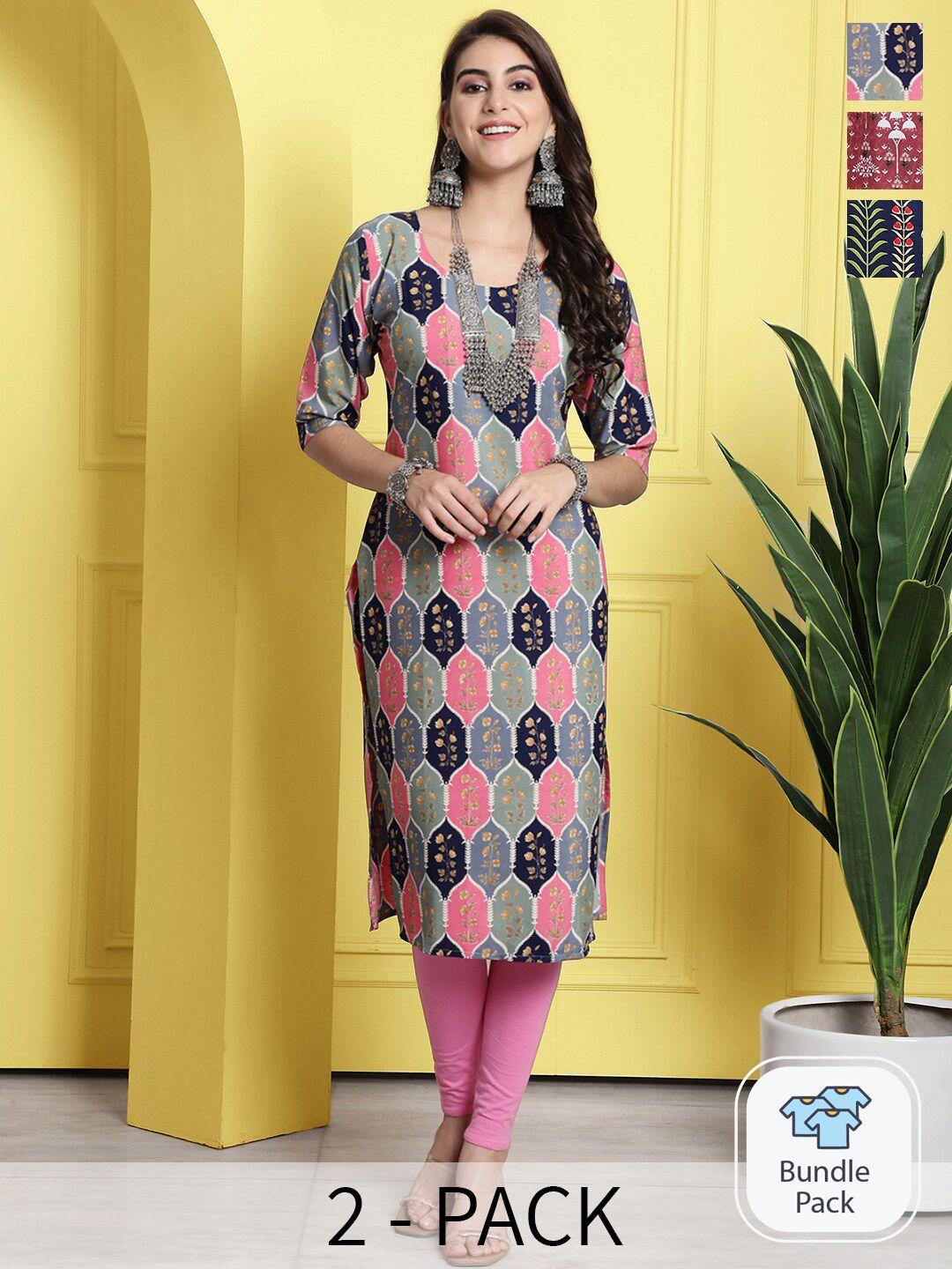 1 stop fashion pack of 3 printed round neck straight kurtas