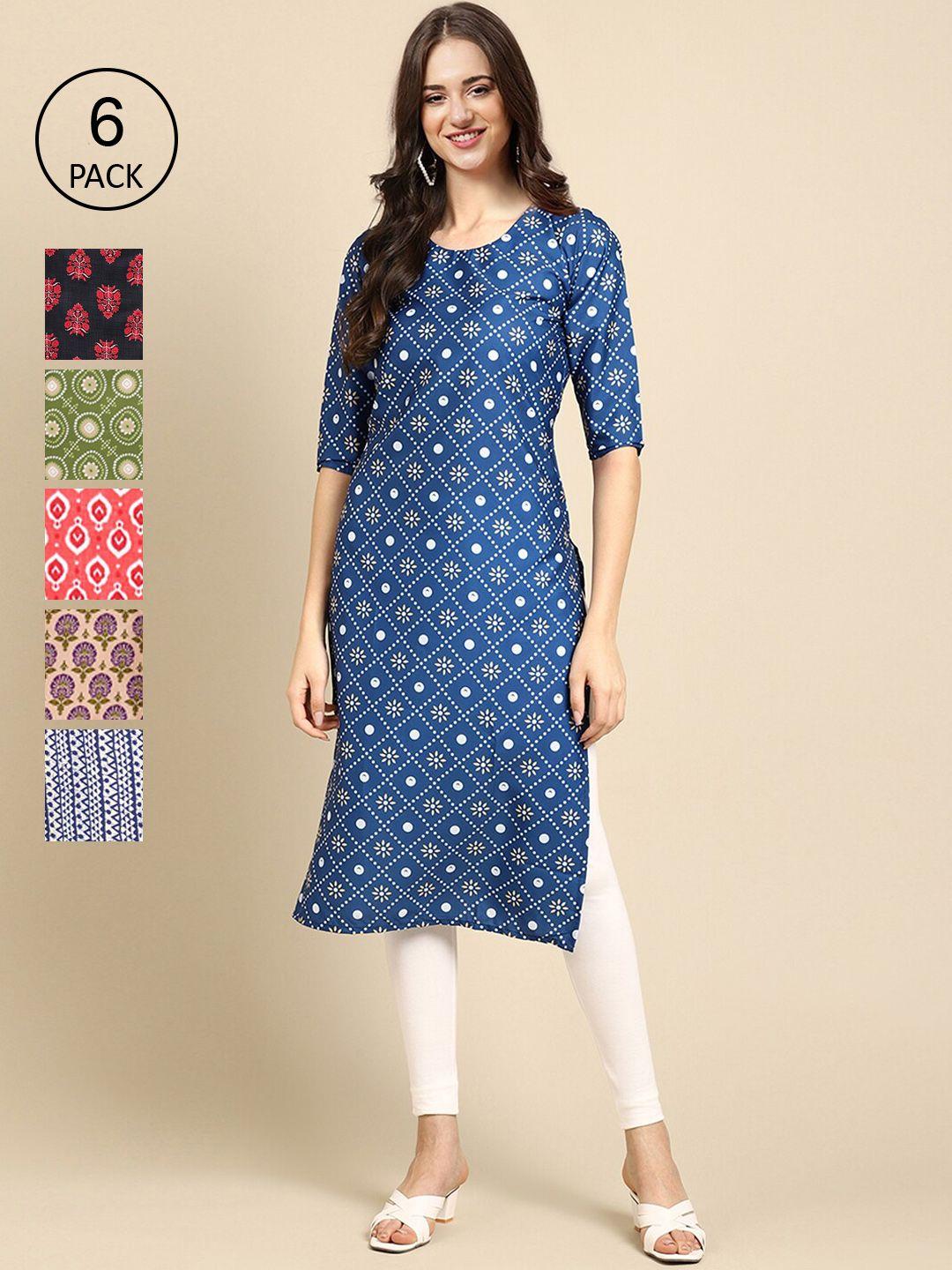 1 stop fashion pack of 6 women ethnic motifs printed crepe kurta