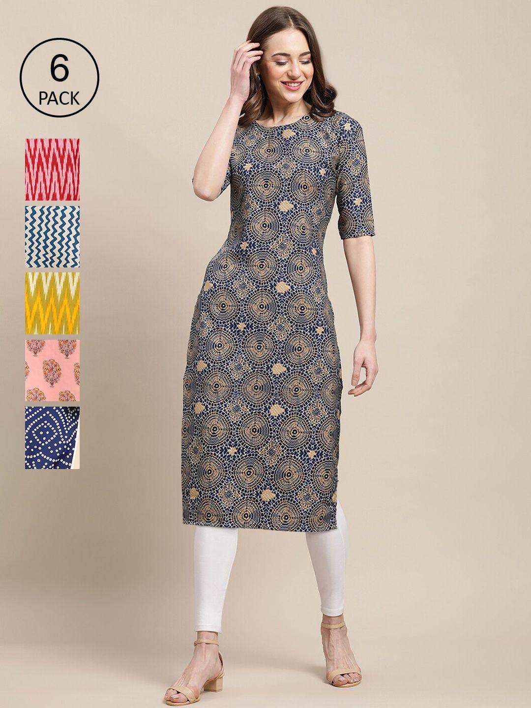 1 stop fashion pack of 6 women ethnic motifs printed summer sheers crepe kurta