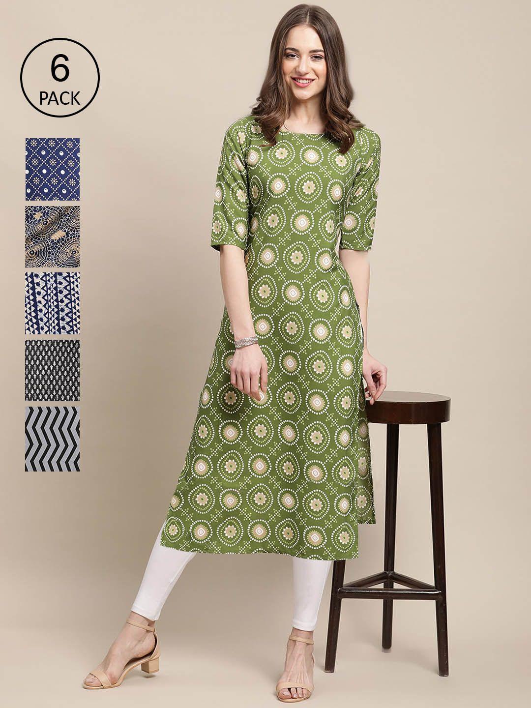 1 stop fashion women's crepe multi color digital printed straight kurta [pack of 6]
