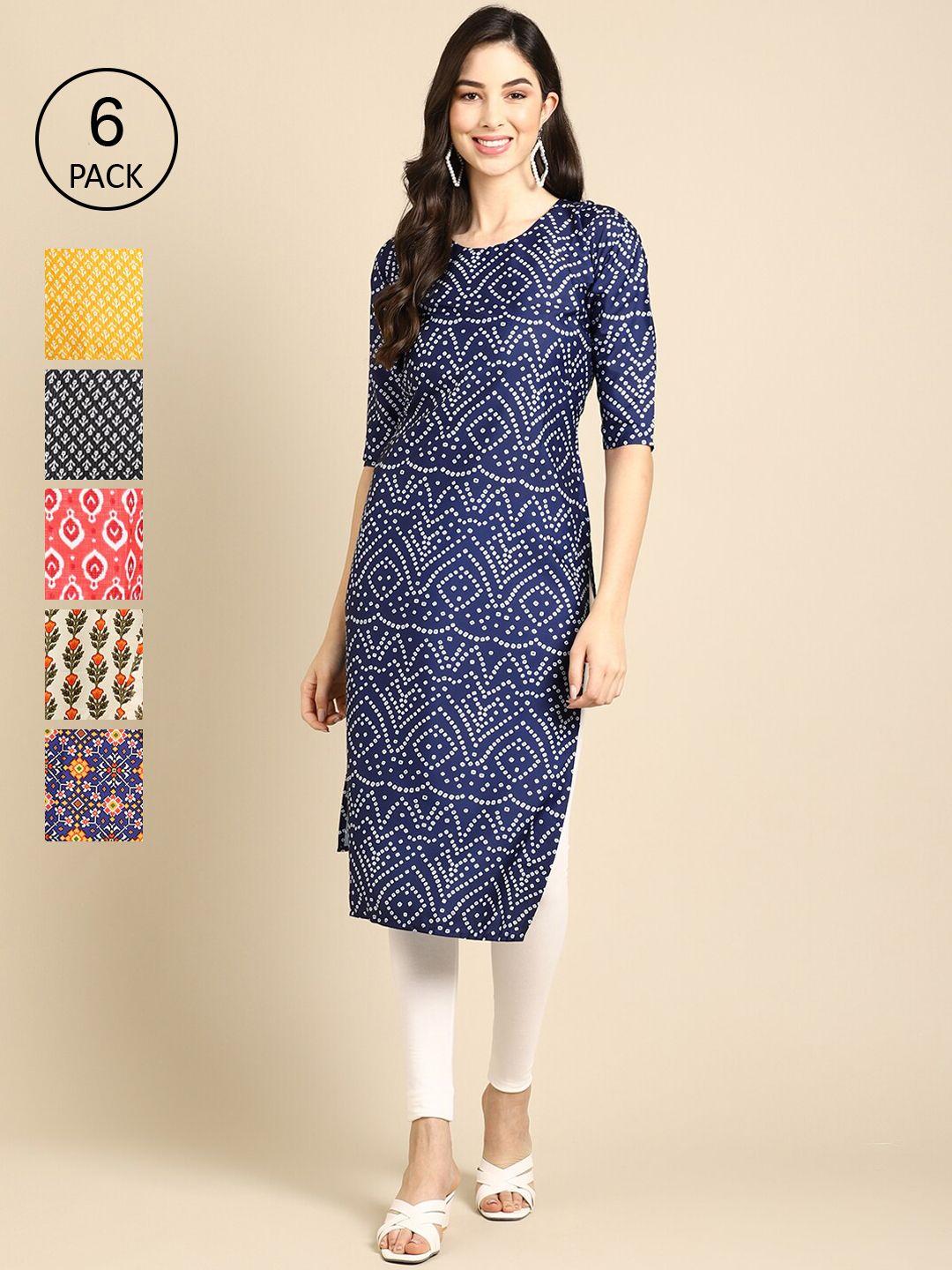 1 stop fashion women blue & yellow pack of 6 geometric printed crepe kurtas