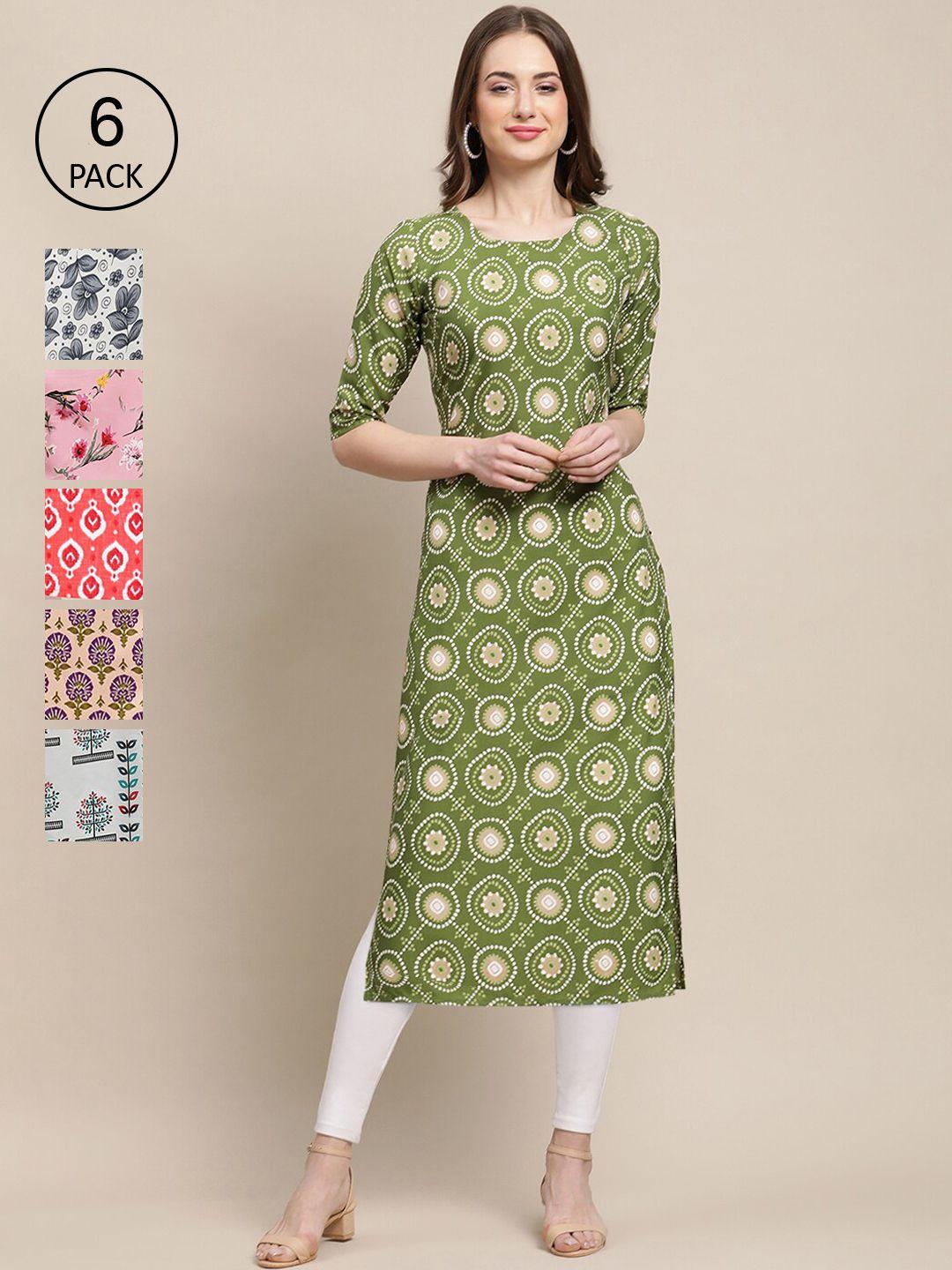 1 stop fashion women green & blue pack of 6 floral printed crepe kurtas