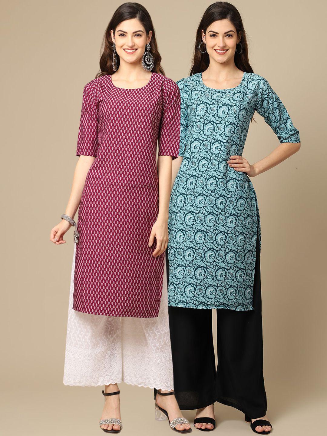 1 stop fashion women maroon & blue ethnic motifs printed crepe kurta