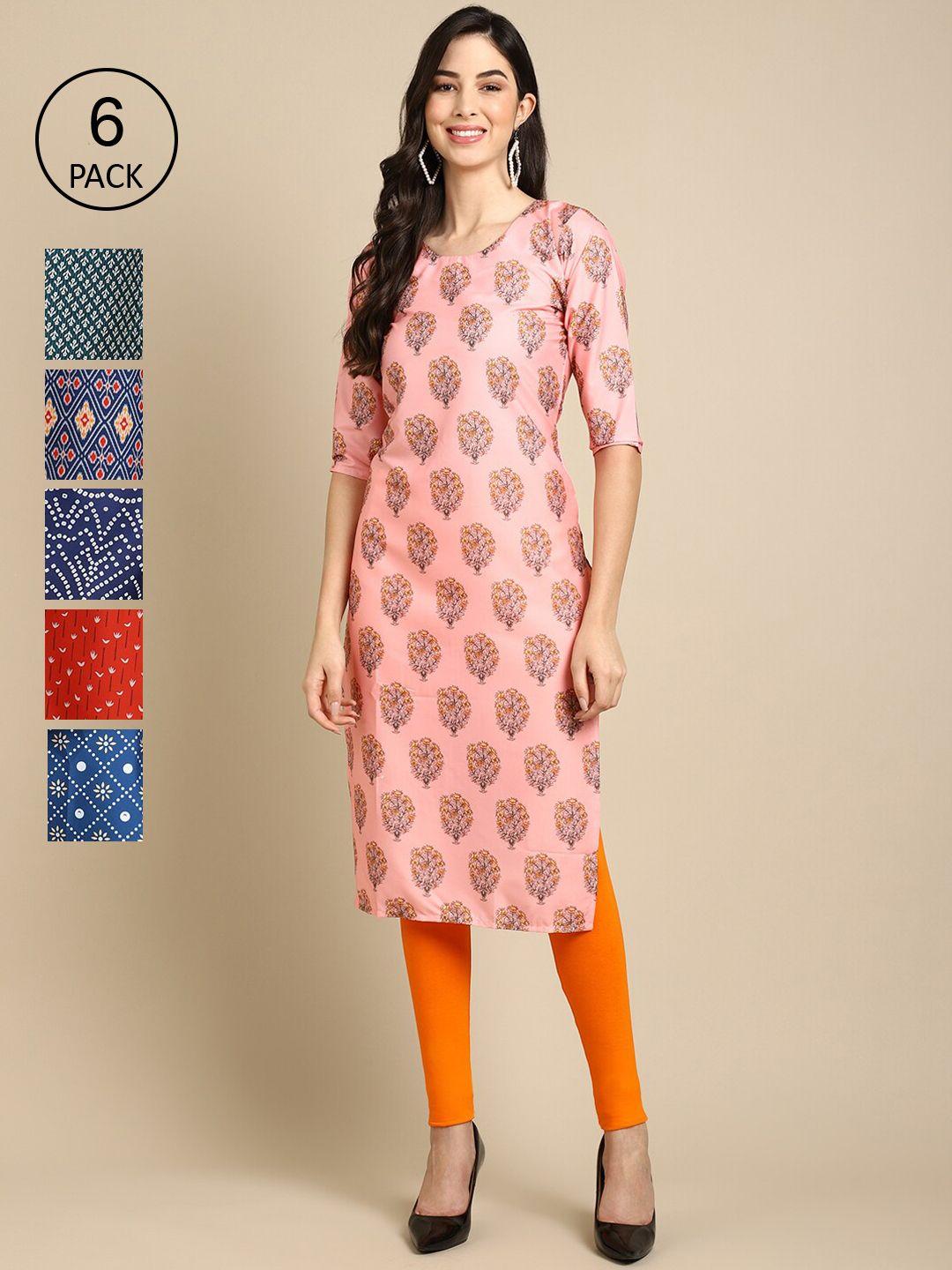 1 stop fashion women multicoloured pack of 6 ethnic motifs printed crepe kurta