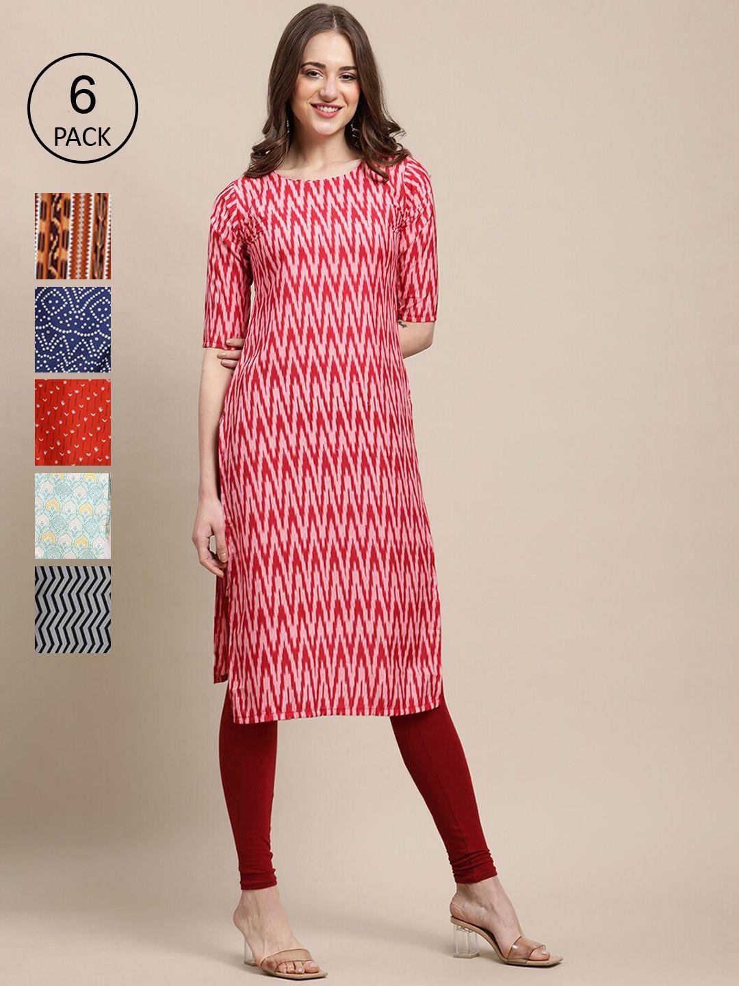 1 stop fashion women multicoloured pack of 6 geometric printed crepe kurta