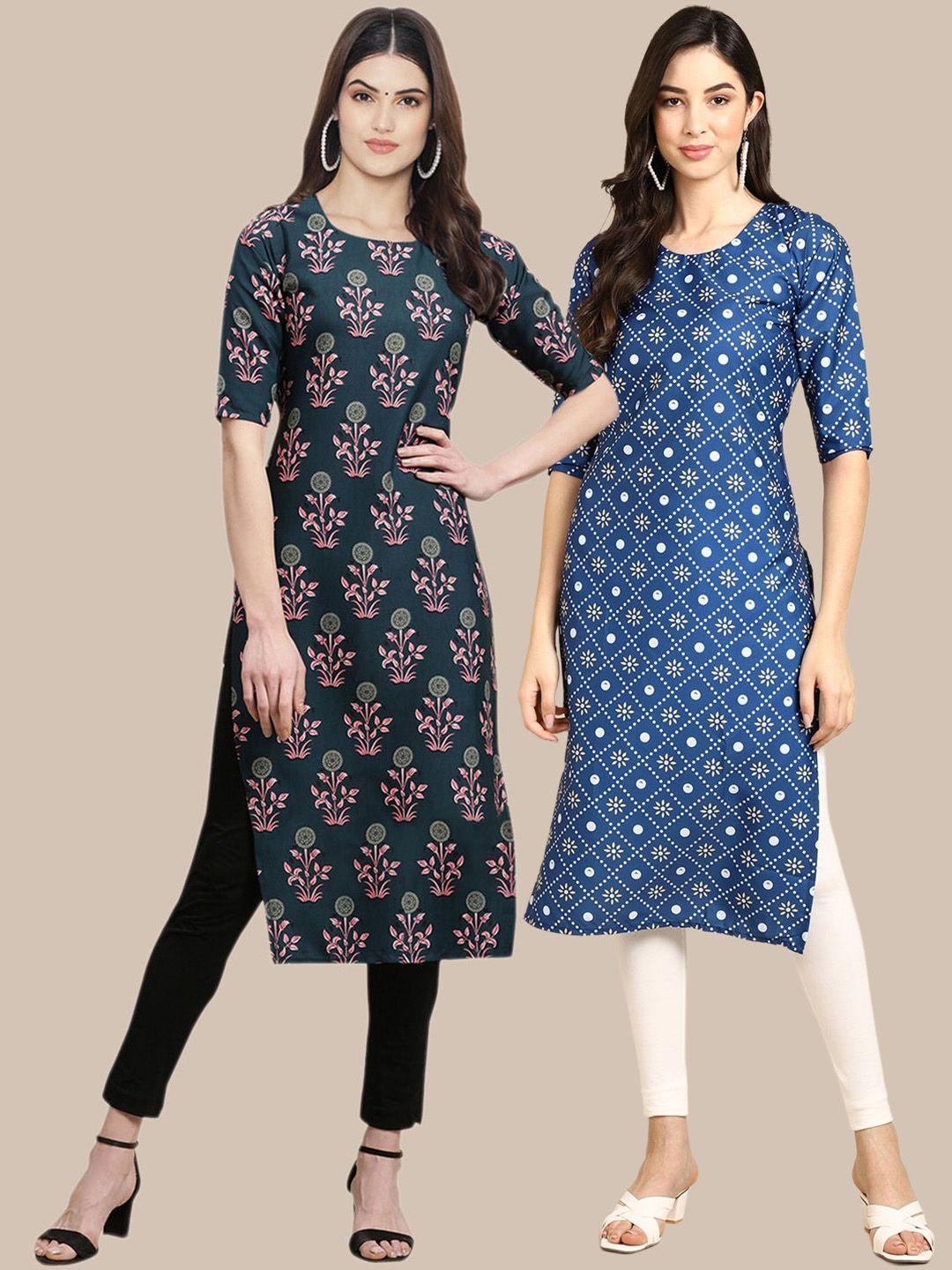 1 stop fashion women pack of 2 blue floral printed crepe kurta