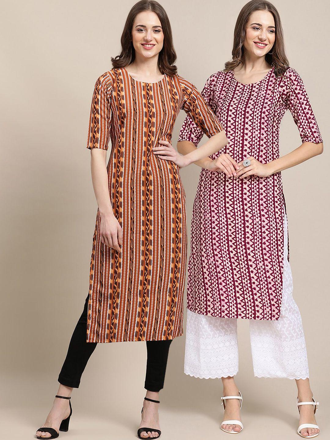 1 stop fashion women pack of 2 brown & maroon geometric printed crepe kurtas