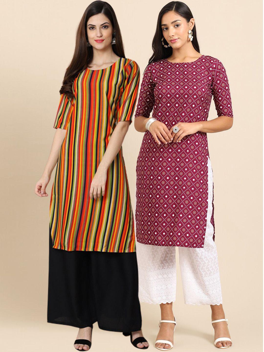 1 stop fashion women pack of 2 ethnic motifs striped crepe kurta