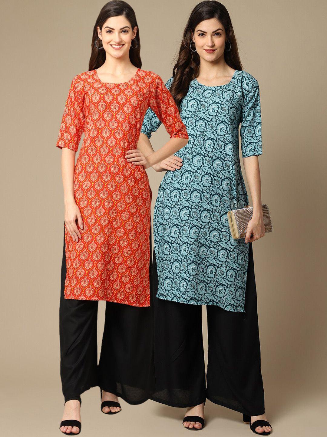 1 stop fashion women pack of 2 orange & blue geometric printed crepe kurta