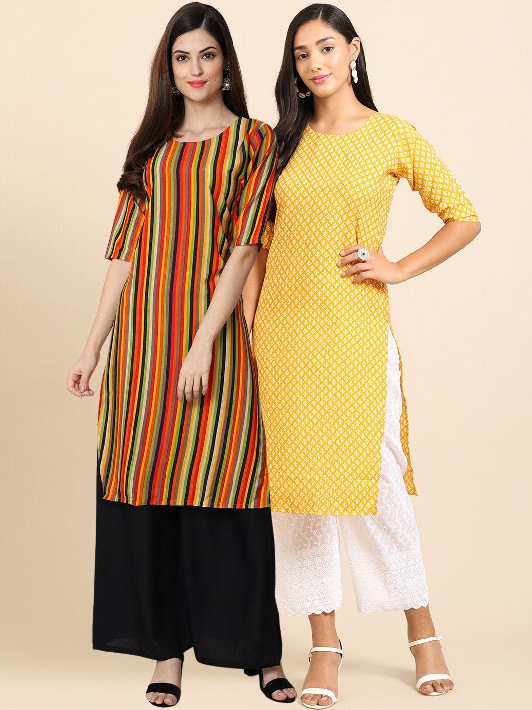 1 stop fashion women pack of 2 orange & yellow striped crepe kurta