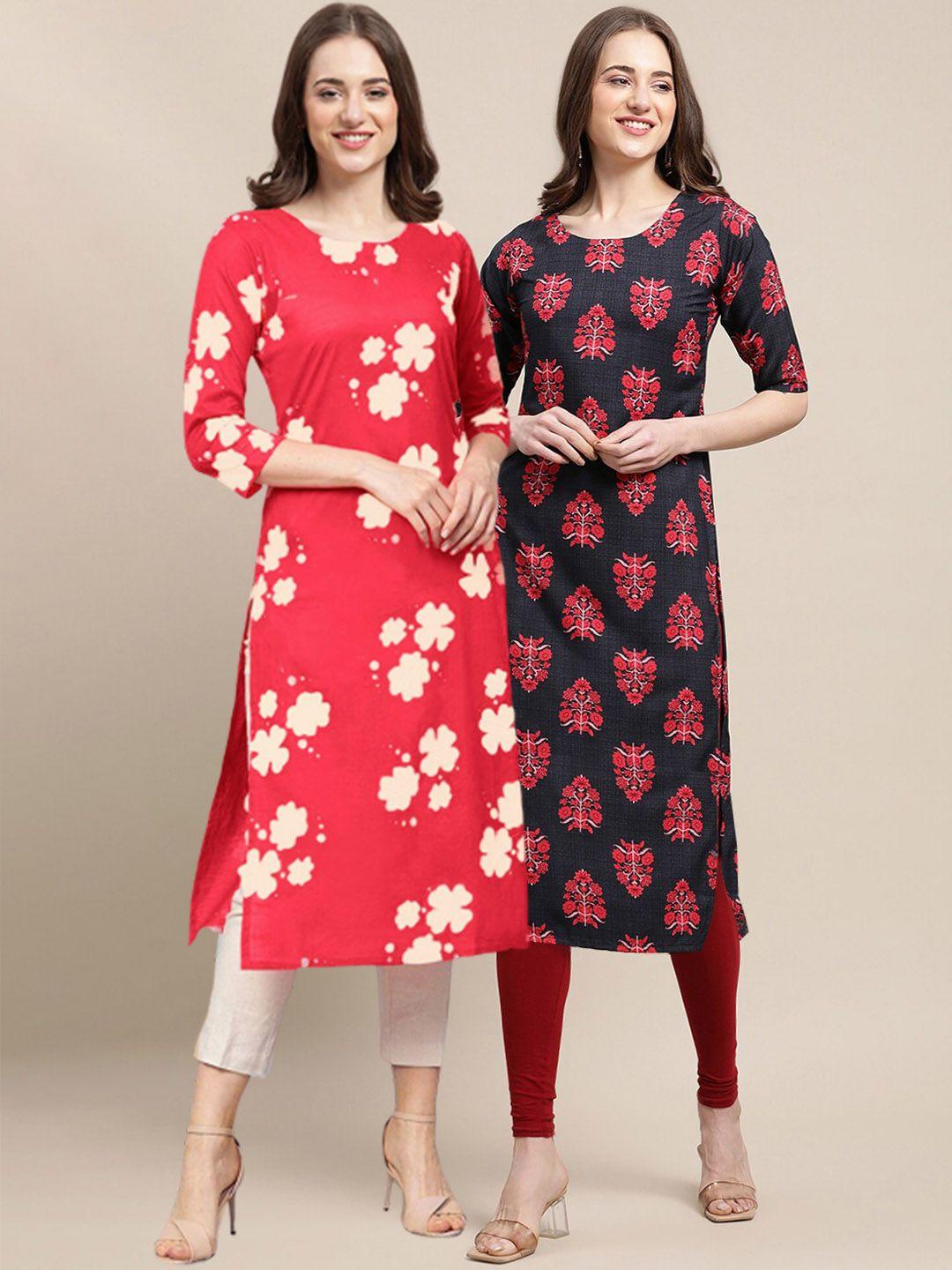 1 stop fashion women pack of 2 red & black floral printed block print crepe kurtas