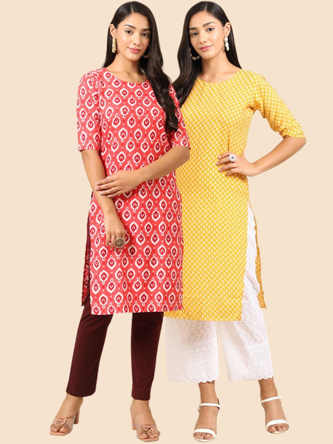 1 stop fashion women pack of 2 red & yellow geometric printed crepe kurta