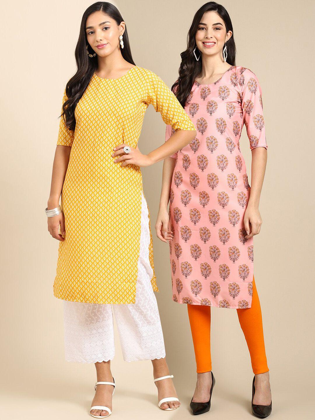 1 stop fashion women pack of 2 yellow & pink printed straight crepe kurta
