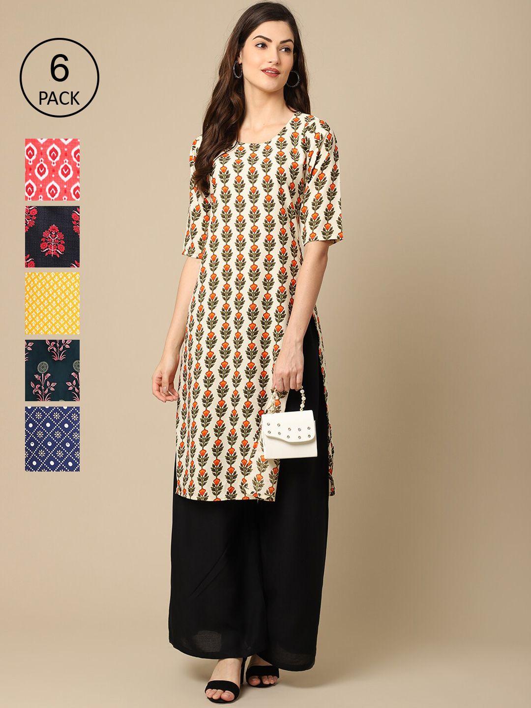 1 stop fashion women pack of 6  multicoloured geometric printed crepe kurta