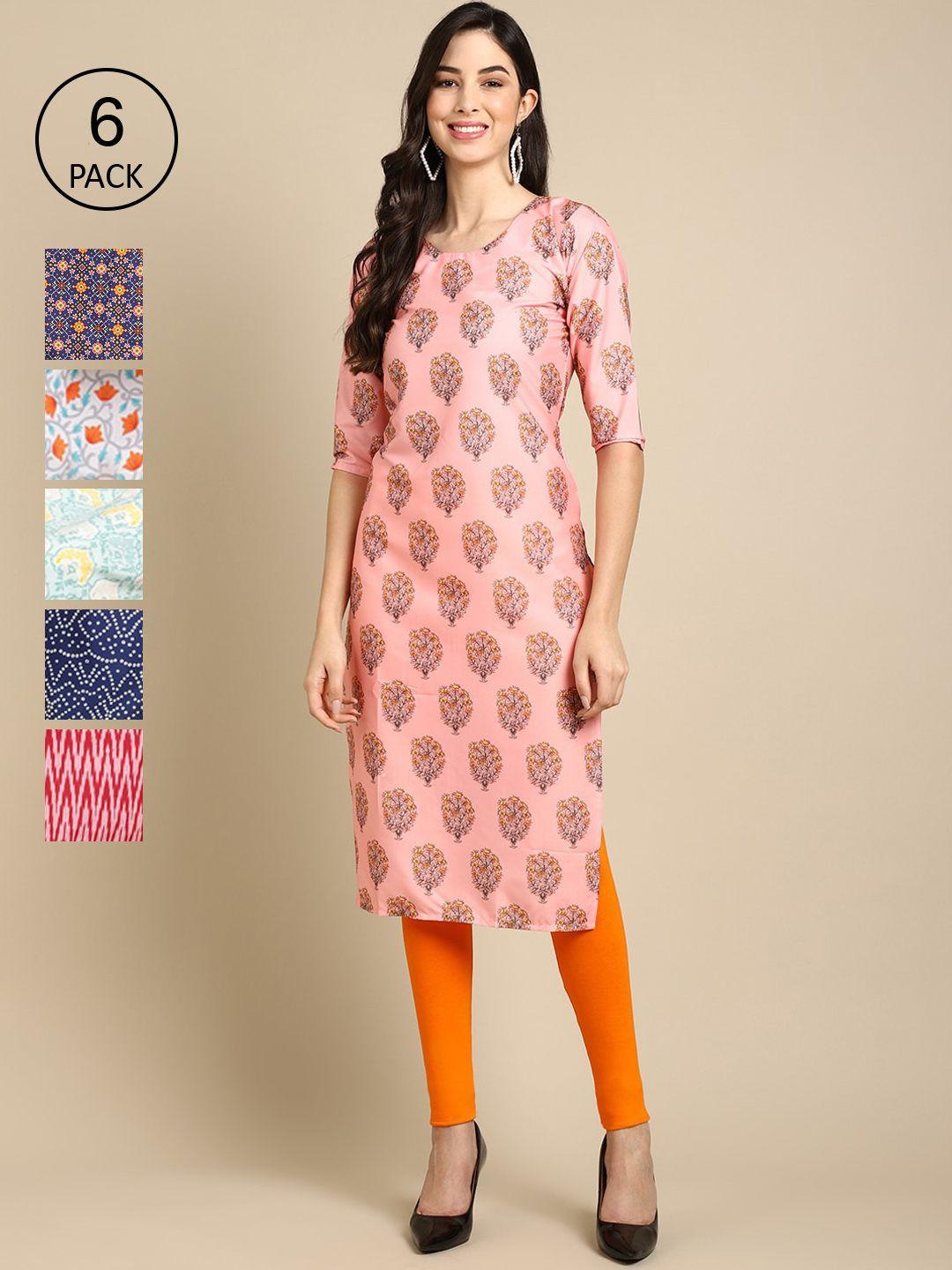 1 stop fashion women pack of 6  pink & blue geometric printed block print crepe kurta