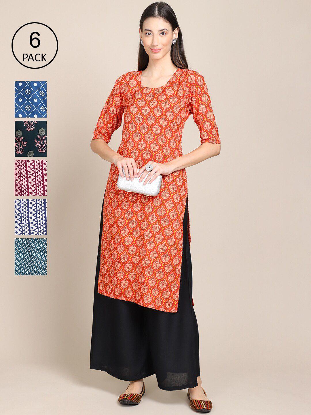 1 stop fashion women pack of 6 ethnic motifs printed summer sheers crepe kurta