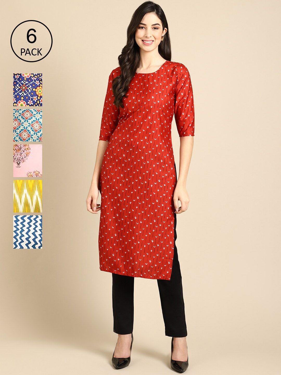 1 stop fashion women pack of 6 ethnic motifs printed thread work summer sheers crepe kurta