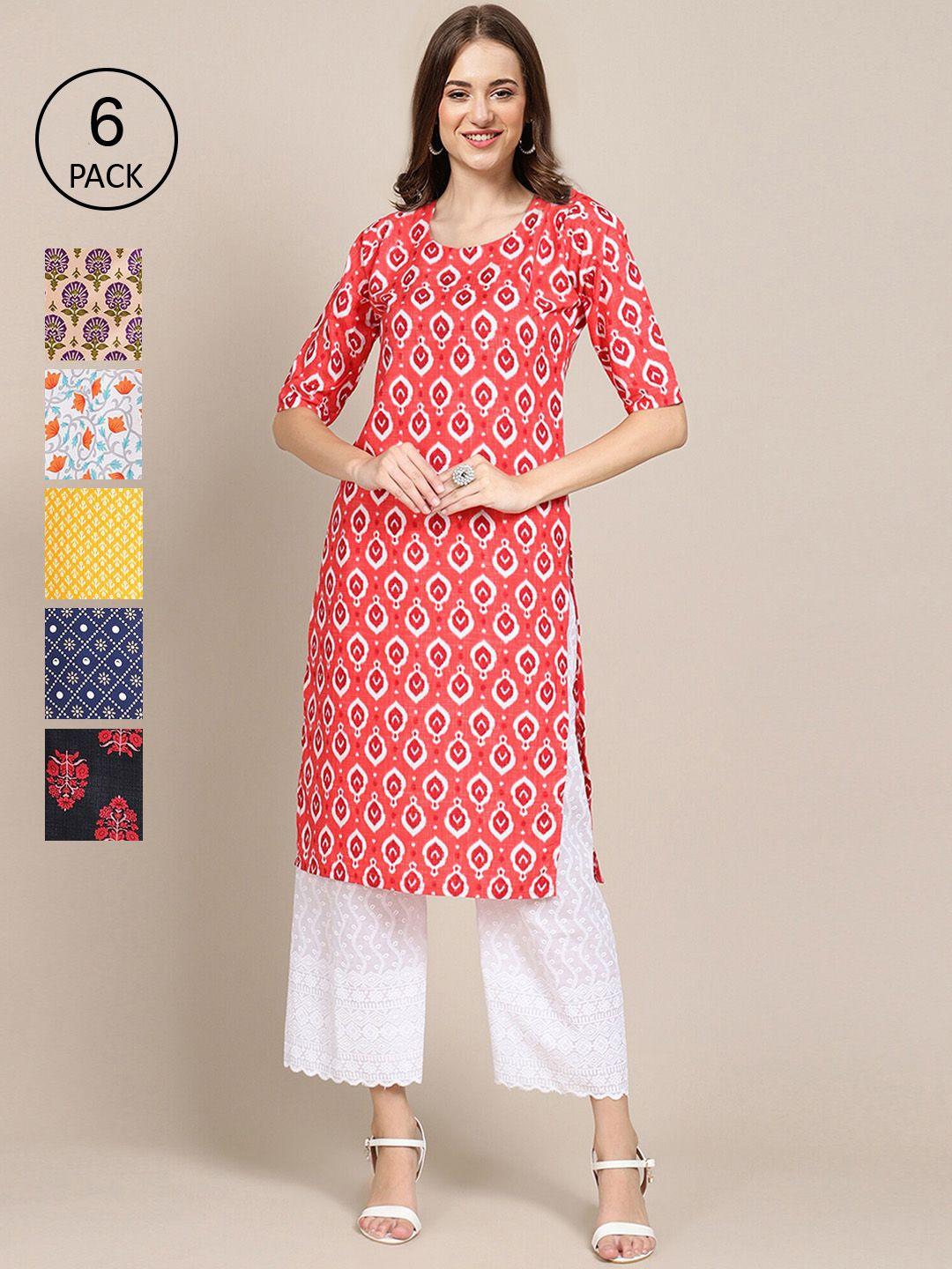 1 stop fashion women pack of 6 geometric printed block print crepe kurta