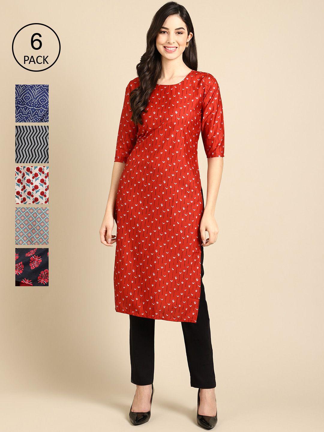 1 stop fashion women pack of 6 red & white ethnic motifs printed crepe kurta