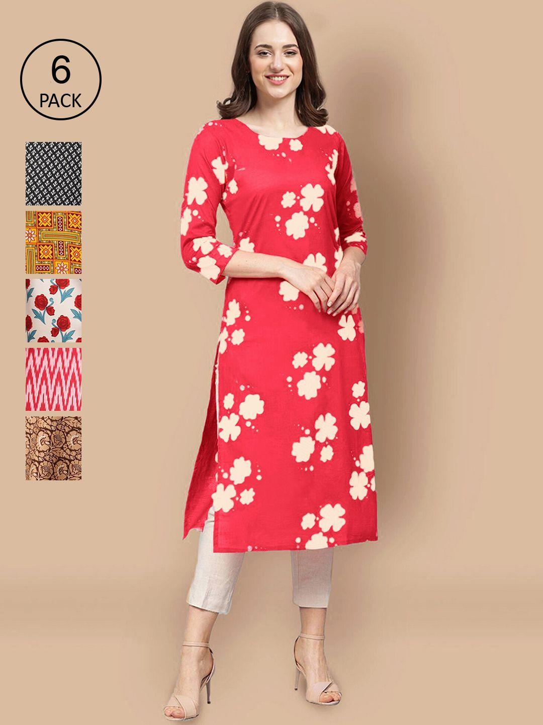 1 stop fashion women red & black ethnic motifs printed summer sheers crepe kurta