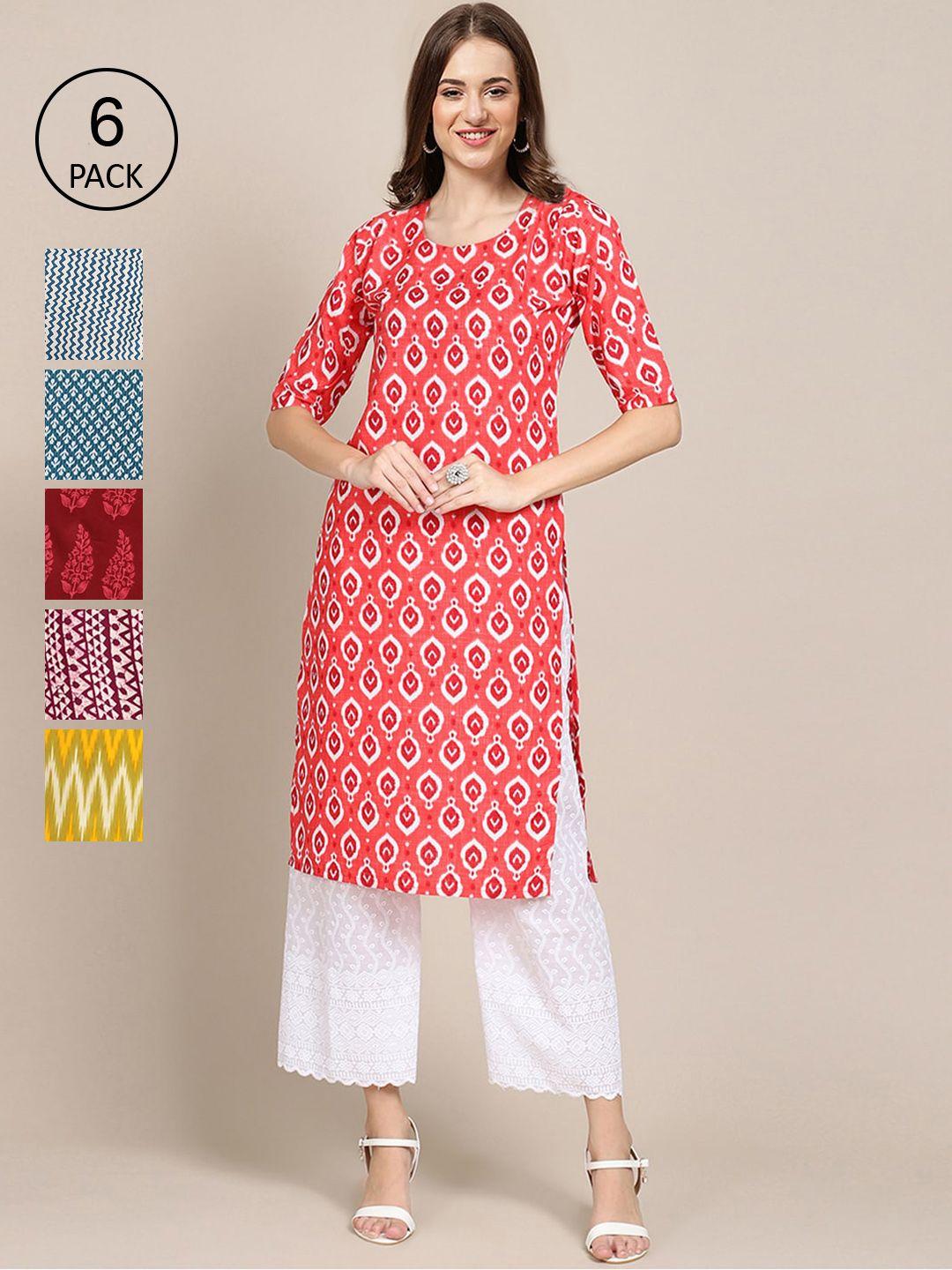 1 stop fashion women red & blue pack of 6 ethnic motifs printed crepe kurta