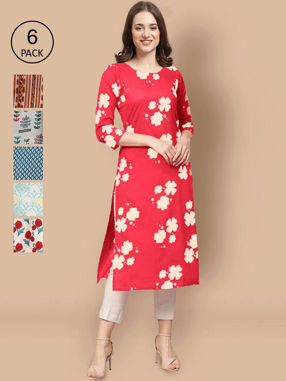 1 stop fashion women red & grey pack of 6 floral printed crepe kurta
