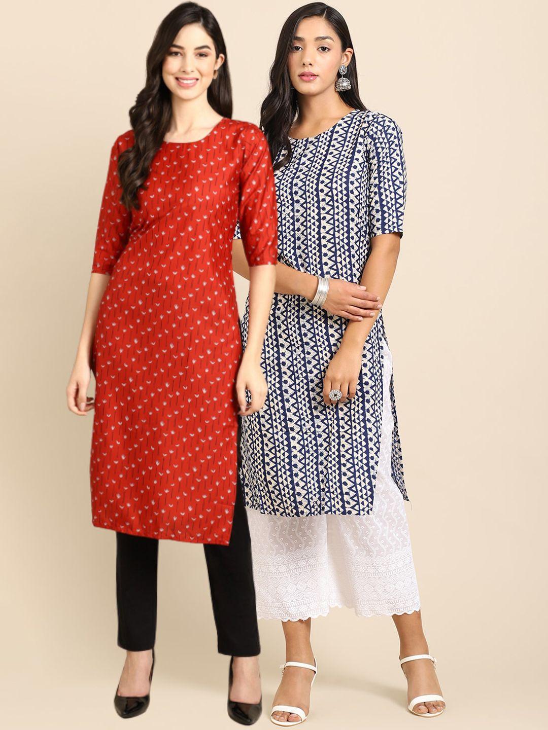 1 stop fashion women red & navy blue pack of 2 printed crepe kurta