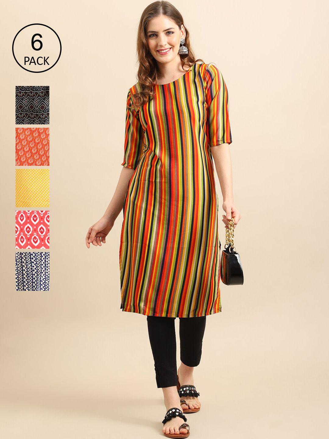 1 stop fashion women set of 6 multicoloured striped crepe kurta