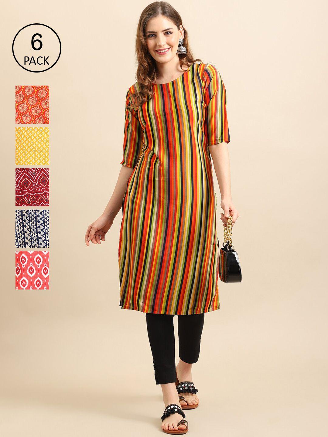 1 stop fashion women set of 6 multicoloured striped crepe kurta